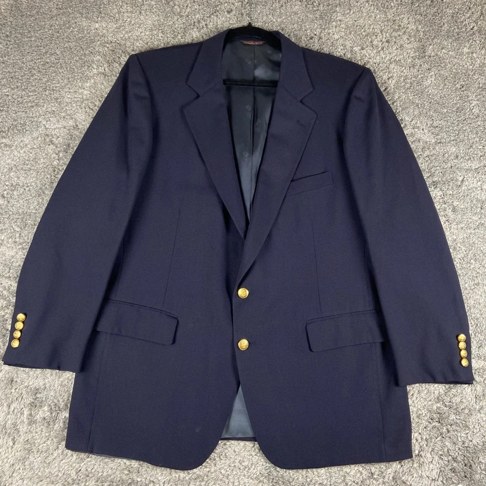 Geoffrey Beene Gold Button Blazer Men 46R Navy Blue Wool Tailored USA Sport Coat